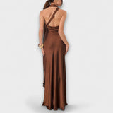Azura - Braunes Satin-Maxikleid mit One-Shoulder