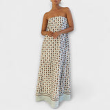 Hasel - Beiges Off-Shoulder-Maxikleid mit Punktmuster