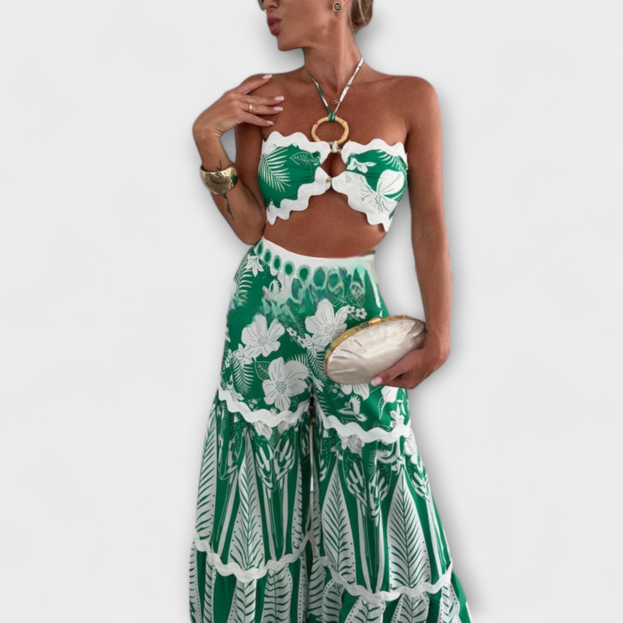 Zella - Grün-weisses Set mit Halter-Top