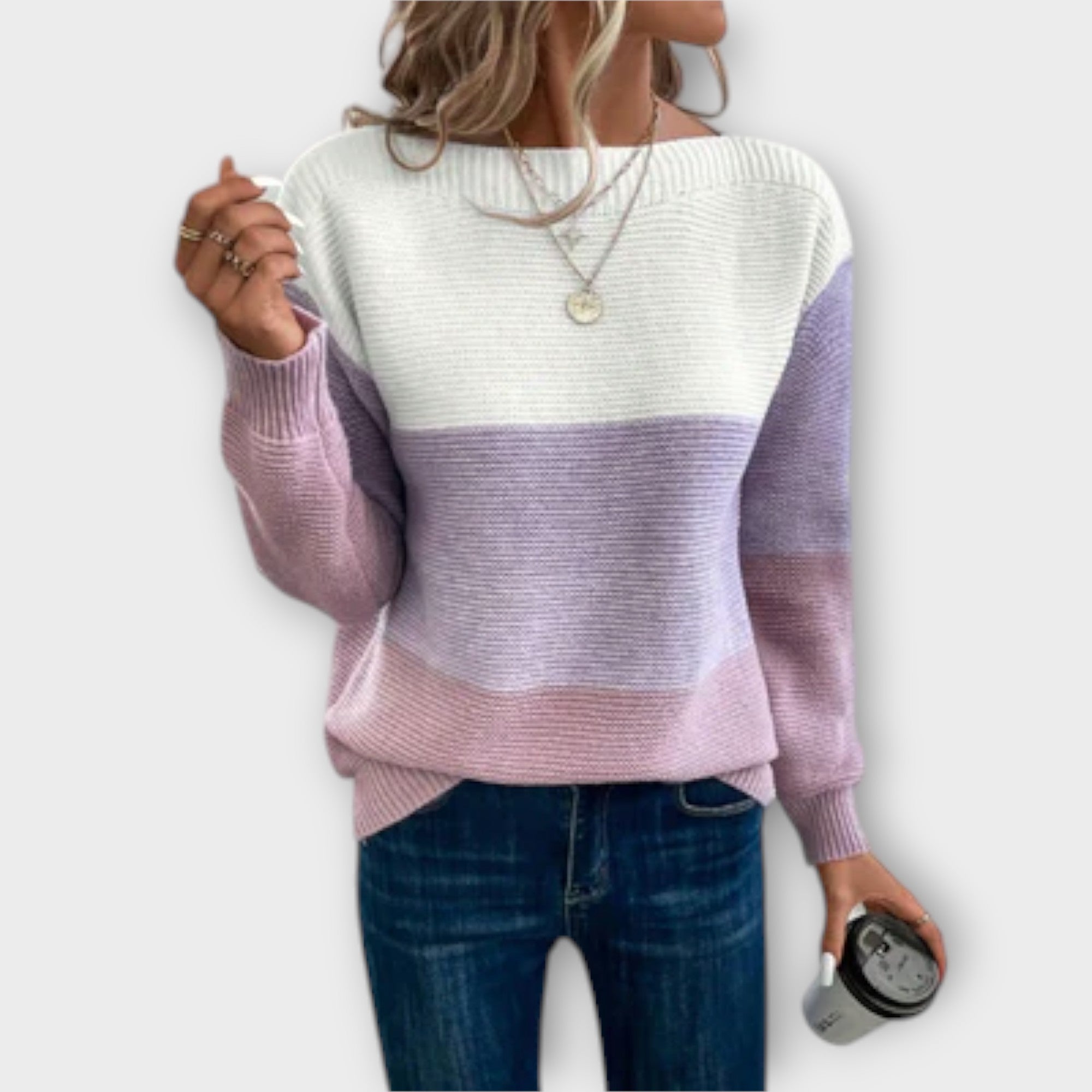Clara - Grün-weisser eleganter Patchwork-Pullover