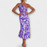 Tabea - Rosa asymmetrisches Kleid mit Blütendruck