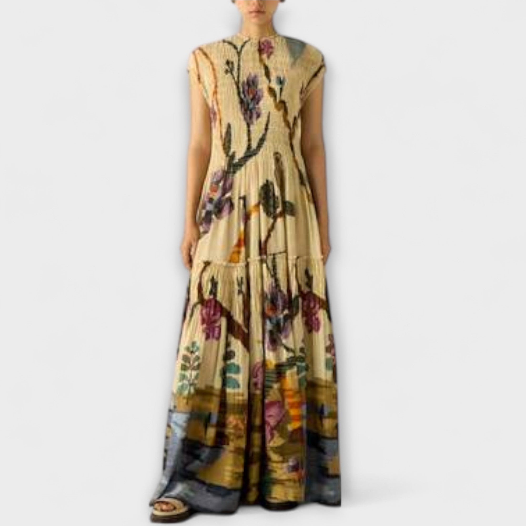 Amanda - Gelbes plissiertes Maxikleid mit Druck