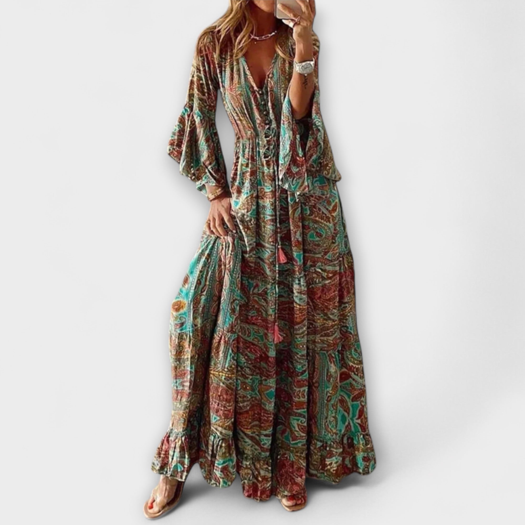 Renatilen - Grünes bedrucktes Maxikleid mit Paisleymuster