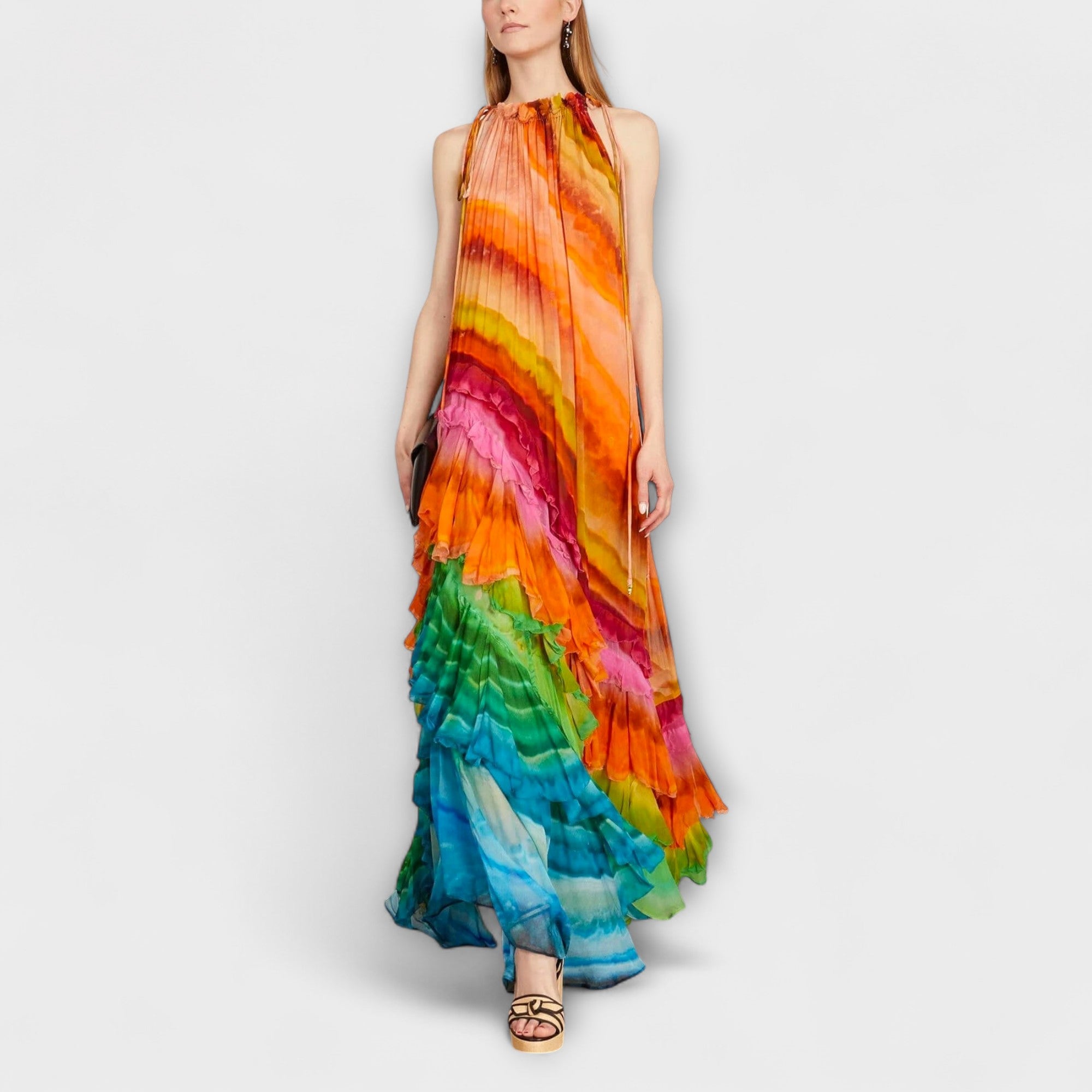 Iris - Regenbogenfarbenes Rüschen-Maxikleid