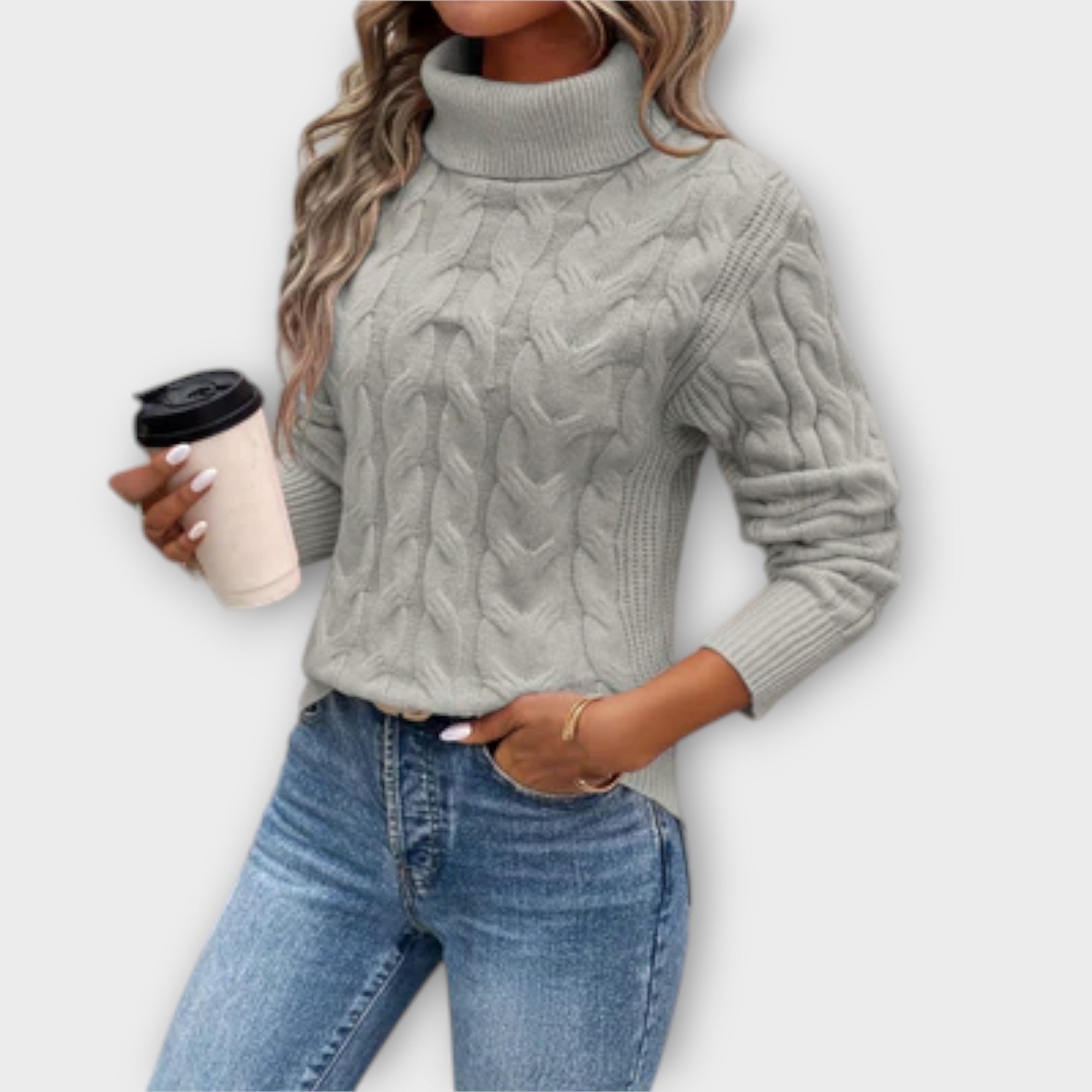 Amelia - Rosa eleganter Rollkragenpullover mit Zopfmuster
