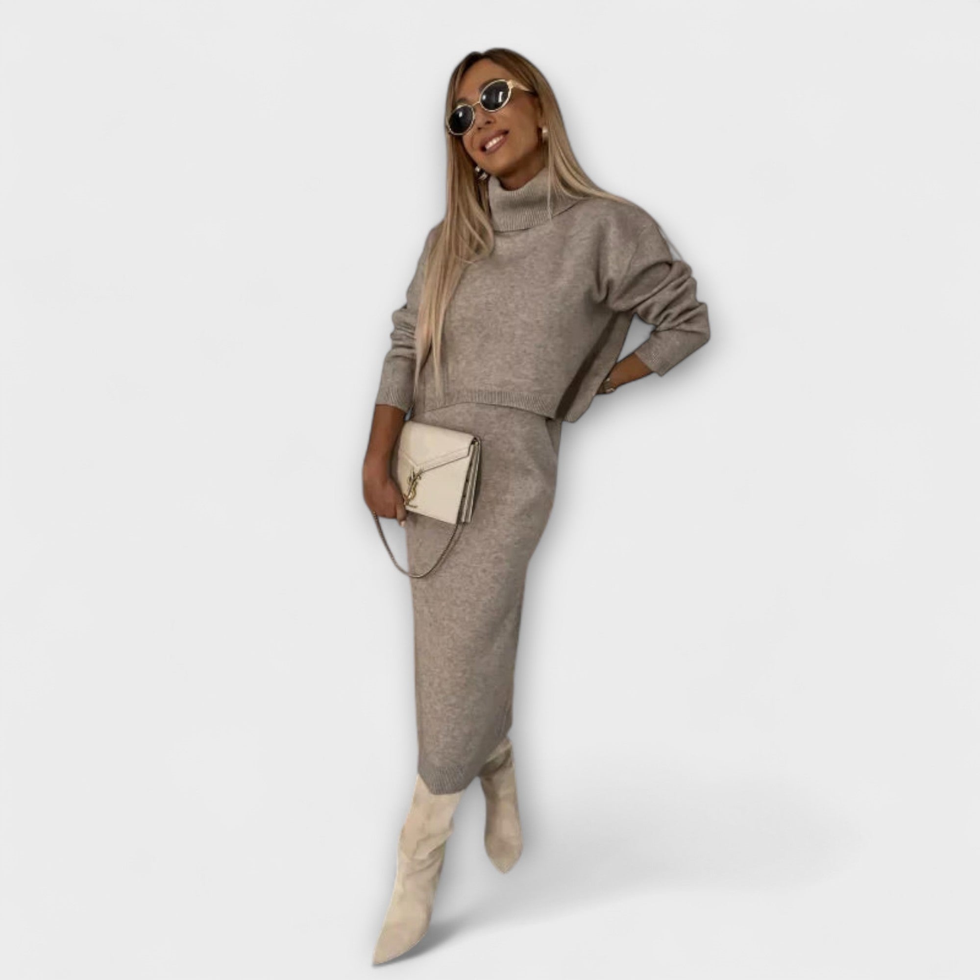 Solange - Graues Kleid mit passendem Rollkragen-Set