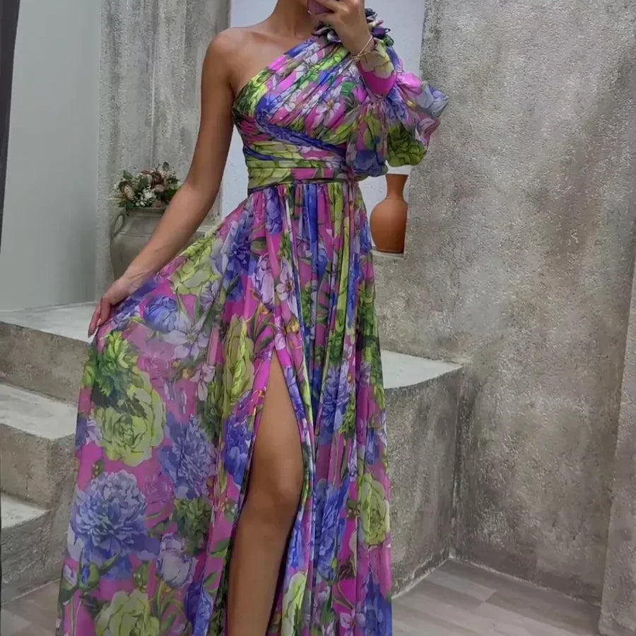Whitney - Lila One-Shoulder-Maxikleid mit Blüten
