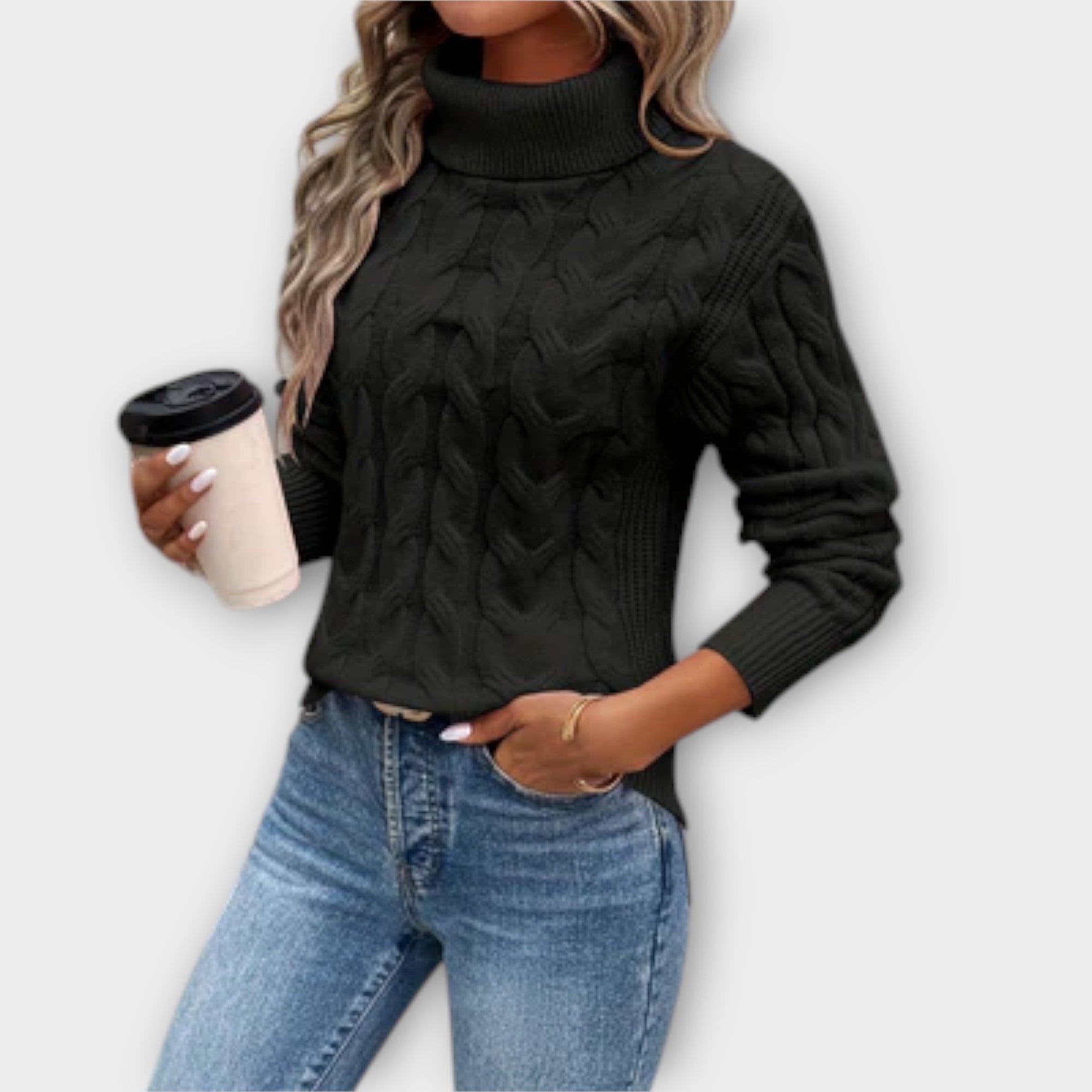 Amelia - Rosa eleganter Rollkragenpullover mit Zopfmuster