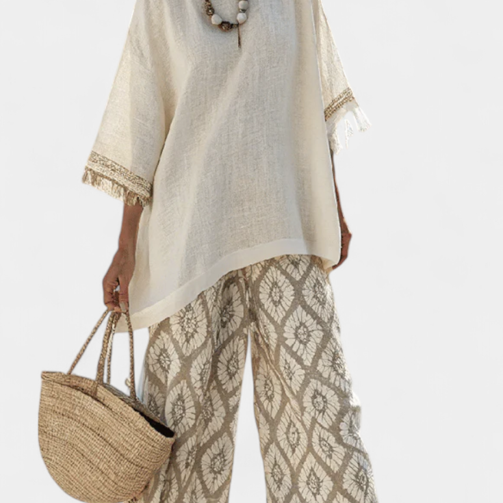 Eduarda - Cremefarbenes elegantes Boho-Chic-Set mit Ikat-Muster