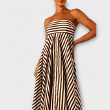 Beige-schwarzes gestreiftes Rüschen-Maxikleid