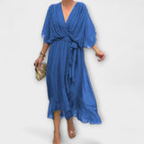 Amoura - Olivgrünes Chiffonkleid mit V-Ausschnitt
