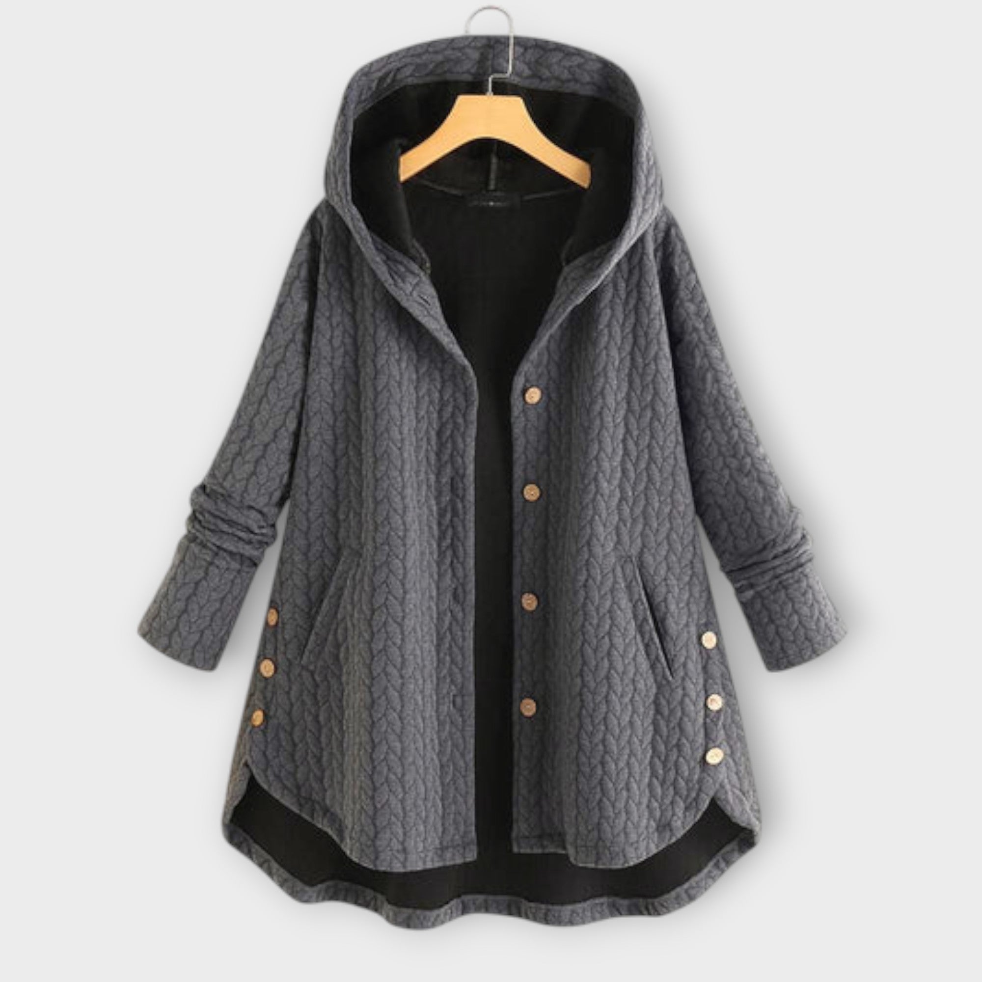 Leslie - Schwarze warme Button-Up-Jacke mit Kapuze