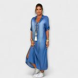 Lea - Blaues Denim-Look-Kleid mit Seitenschlitz