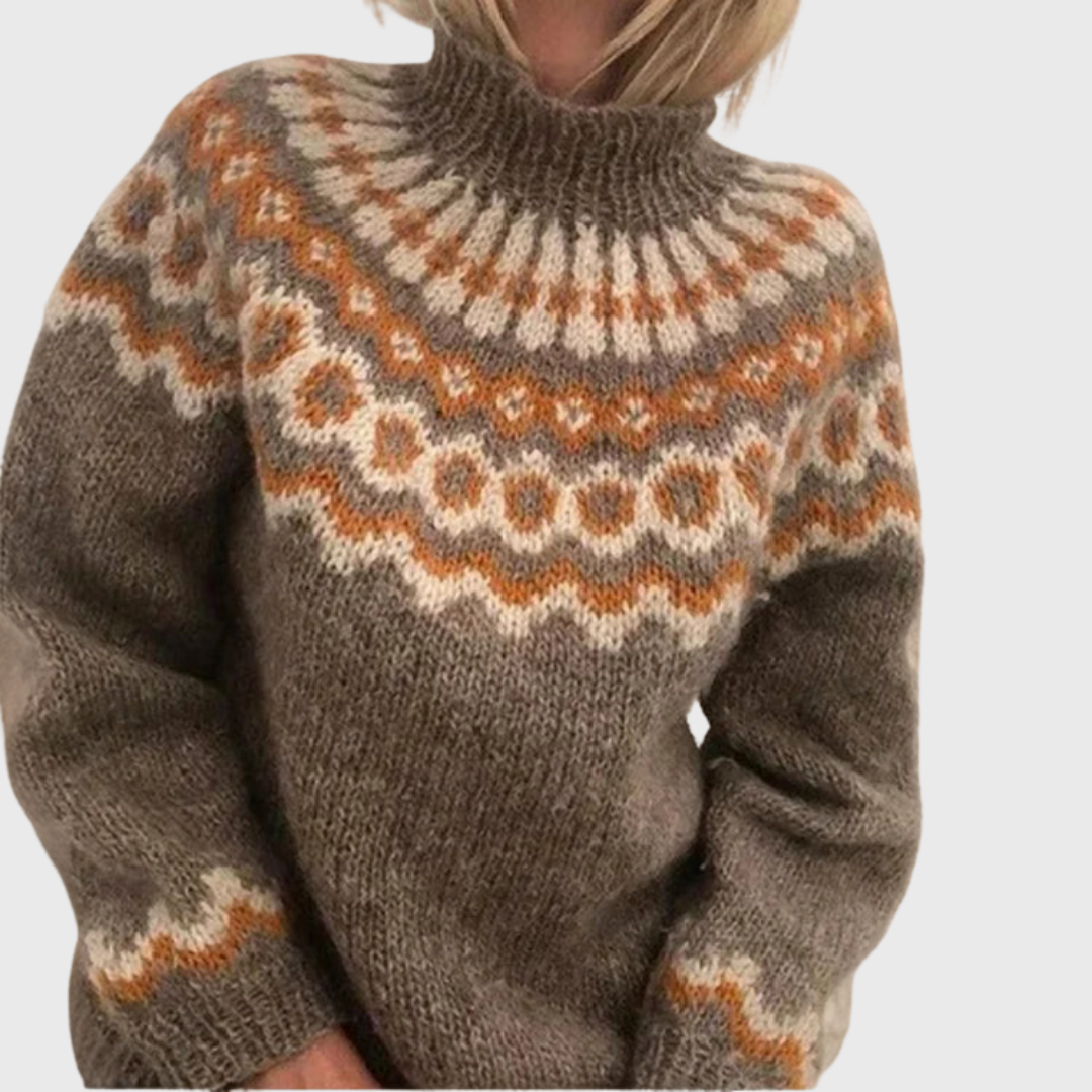 Sonja | Blauer Pullover mit Stehkragen und Norweger-Muster