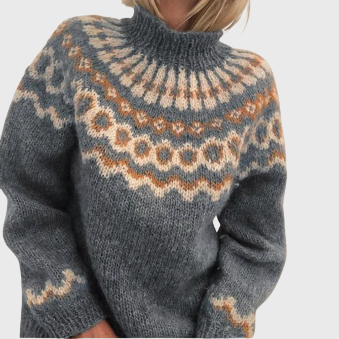 Sonja | Blauer Pullover mit Stehkragen und Norweger-Muster