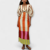 Kaya - Buntes Maxikleid mit Farbblock und Puffärmeln