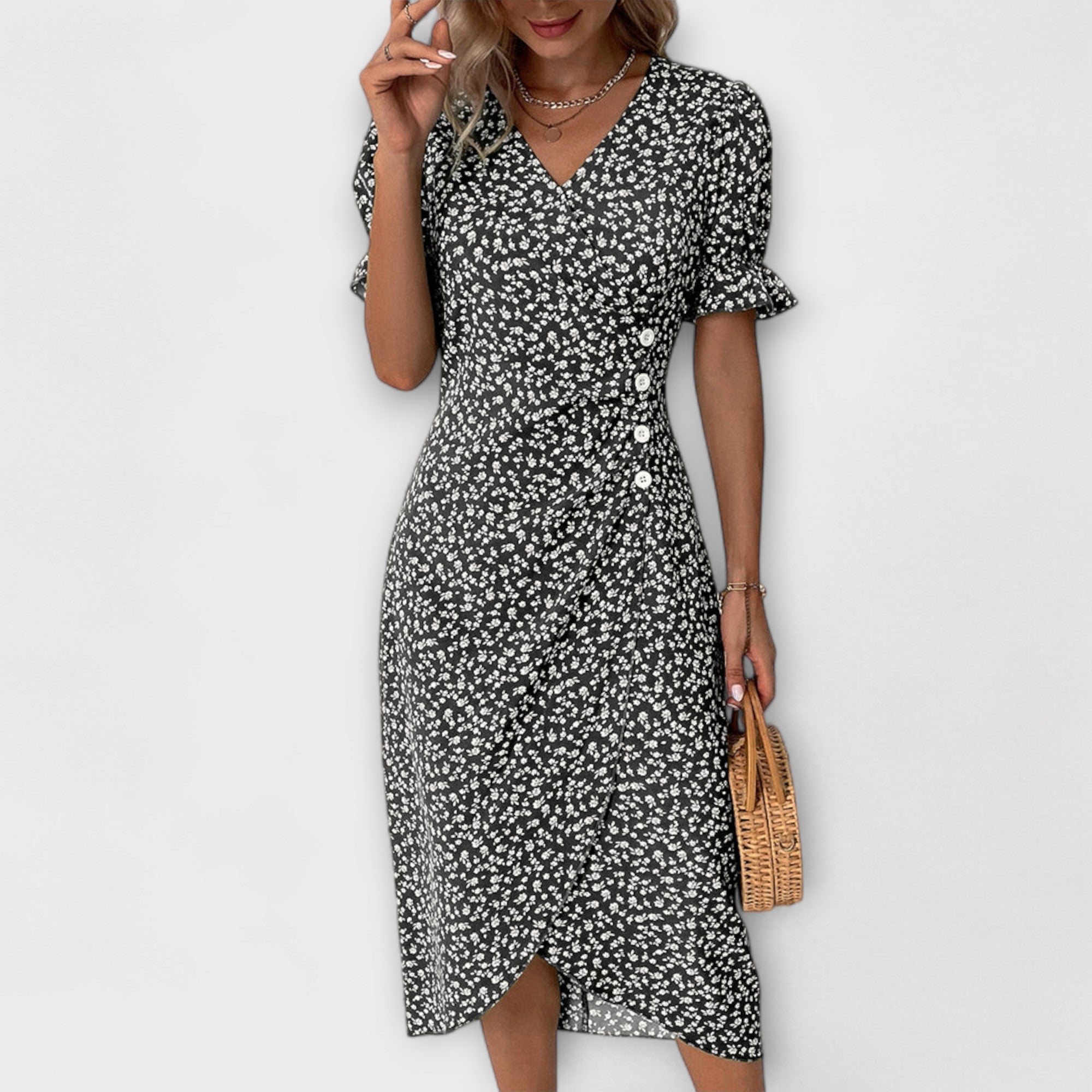 Leda - Grünes Sommerkleid mit Blütenmuster