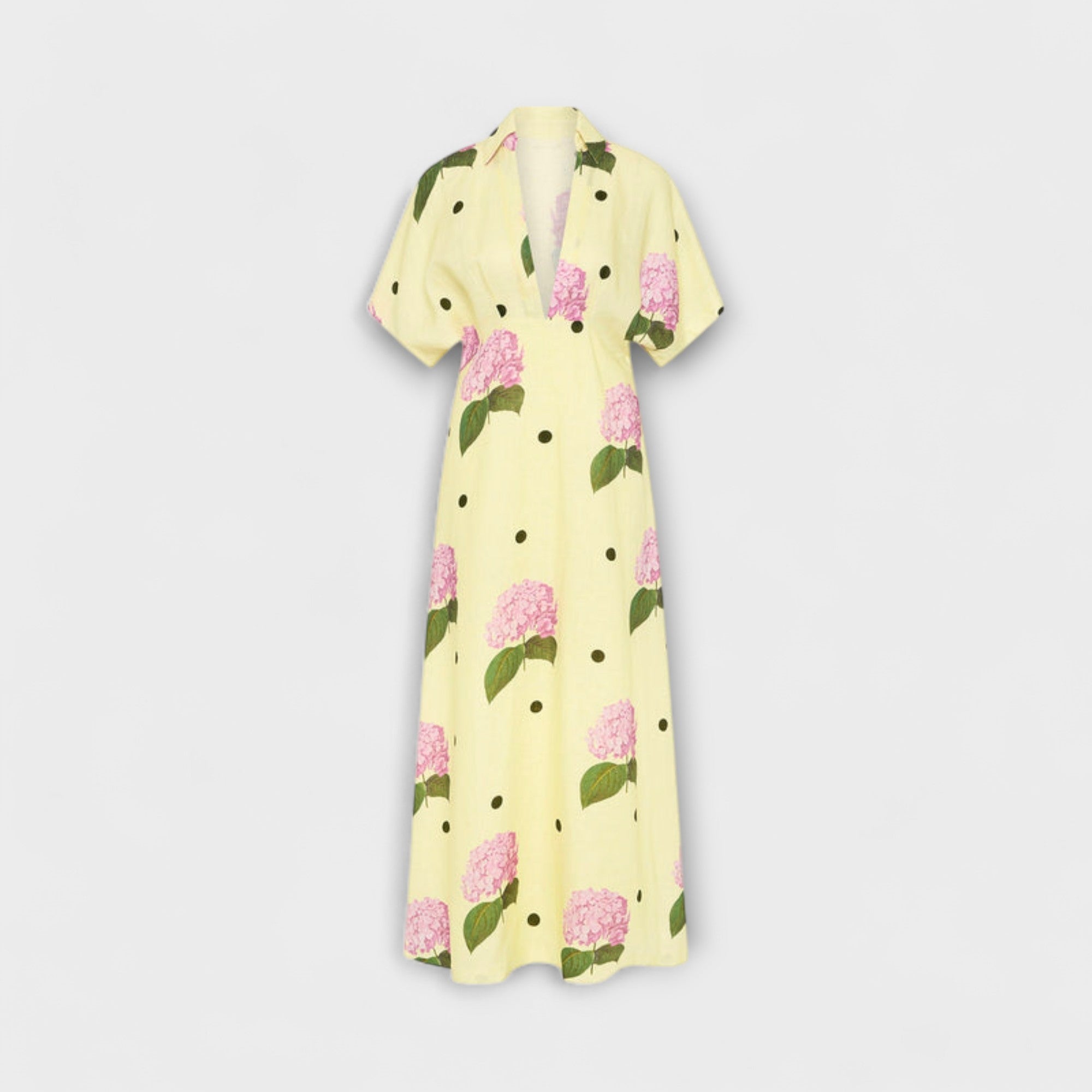 Liselotte - Hellgelbes Langes Kleid mit Hortensienmuster