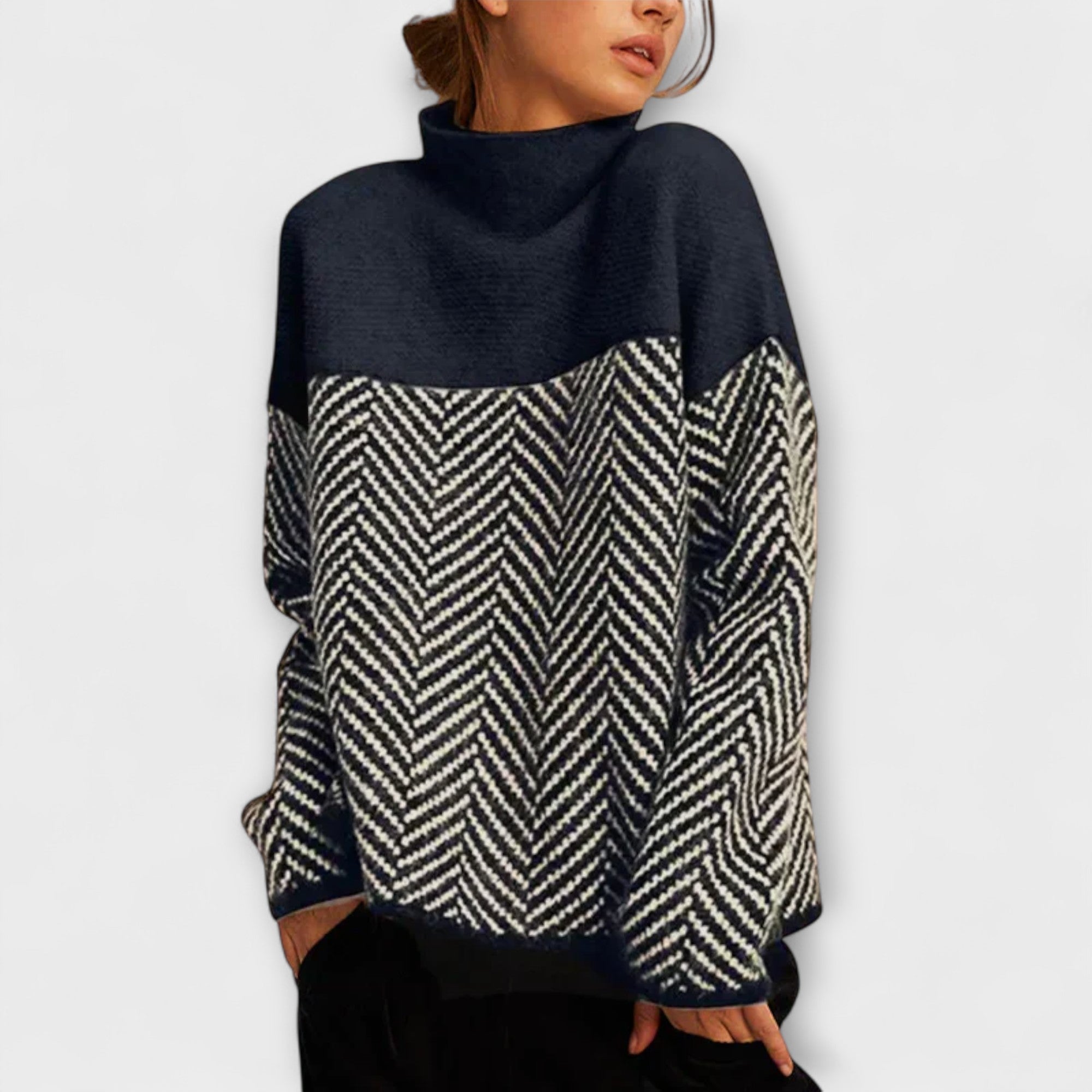 Agathe - Brauner Rollkragenpullover mit Fischgrätmuster