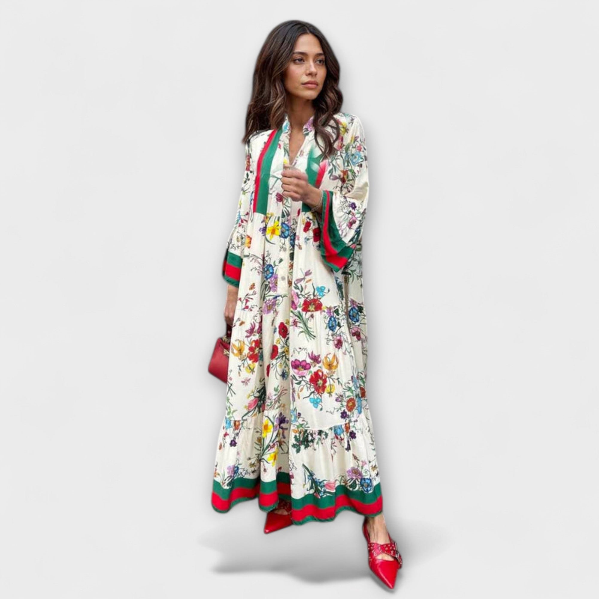 Oriana - Weisses Maxikleid mit floralem Druck