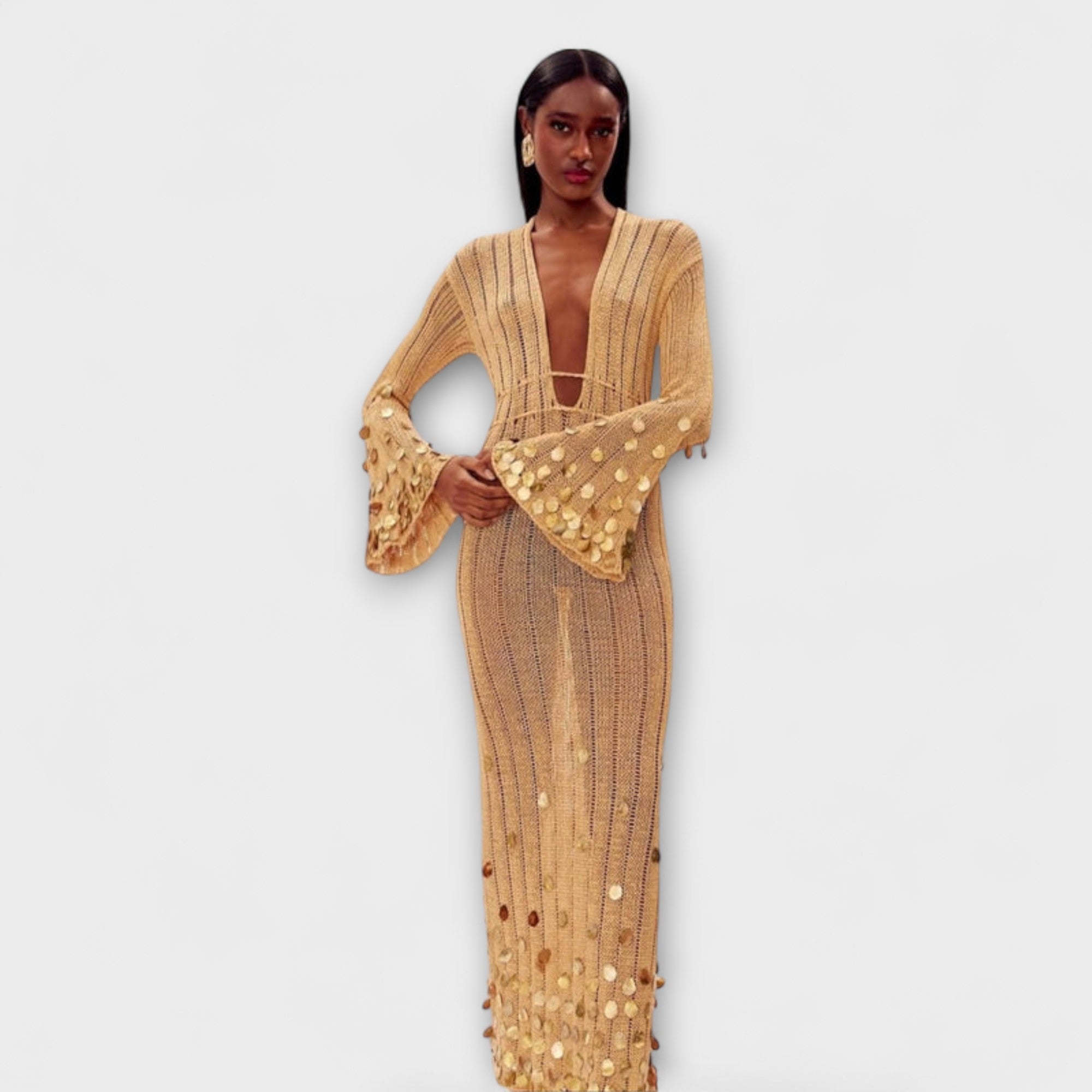 Nova - Goldenes Strick-Maxikleid mit Pailletten
