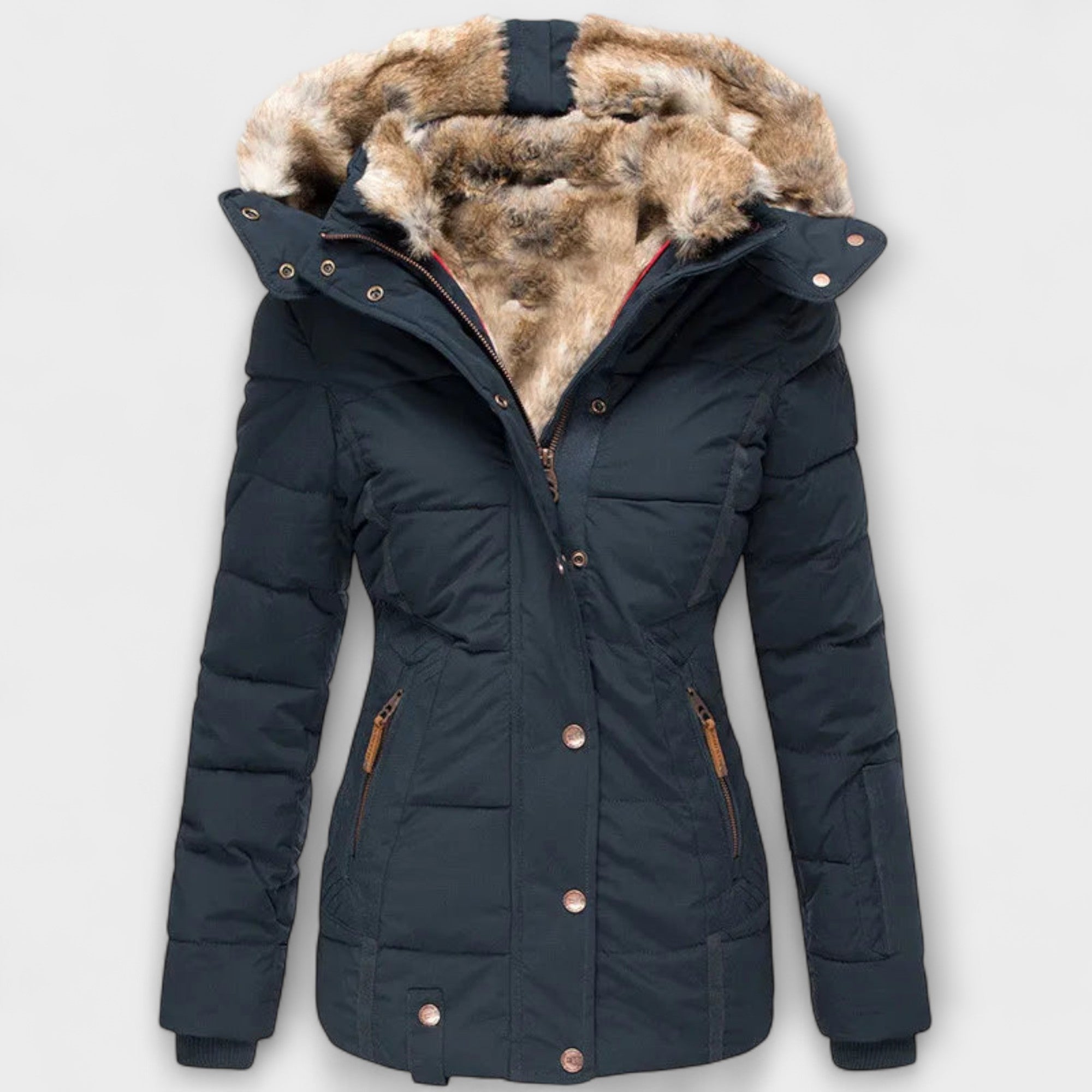 Tiana - Schwarze elegante Damenjacke mit Fellkapuze