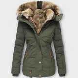 Tiana - Schwarze elegante Damenjacke mit Fellkapuze