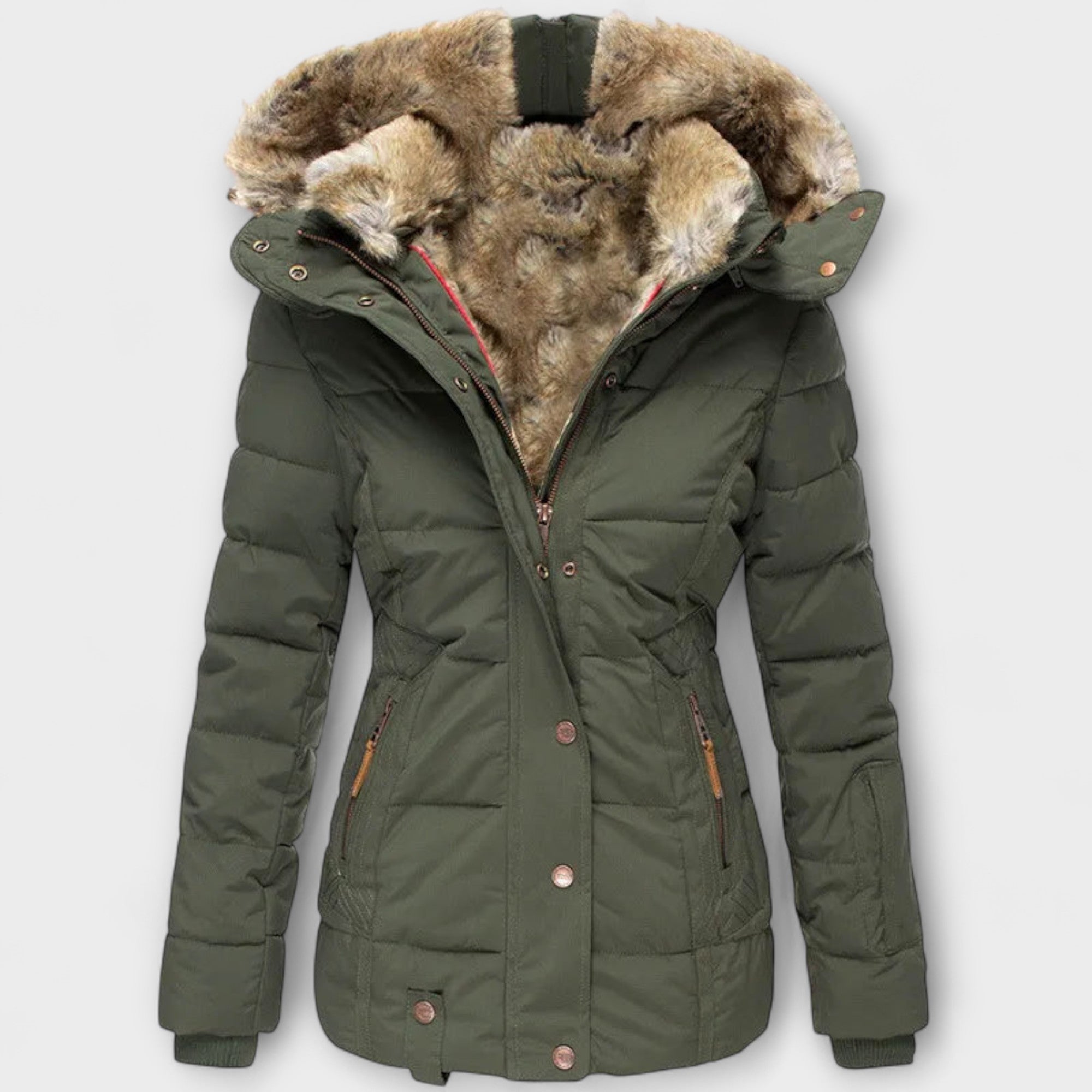 Tiana - Schwarze elegante Damenjacke mit Fellkapuze