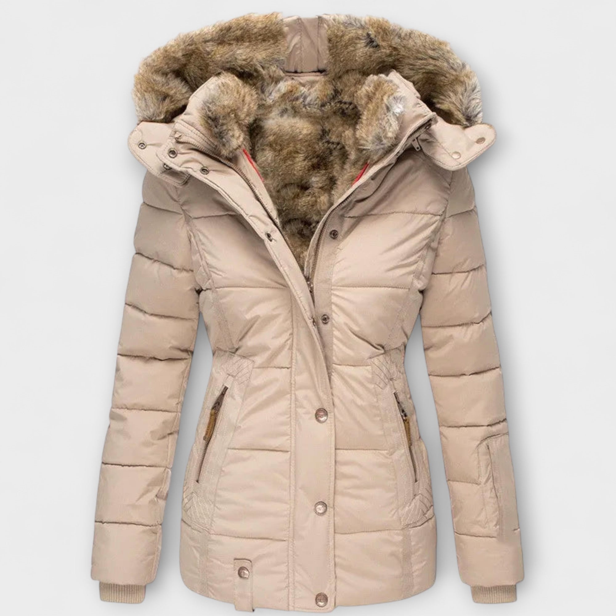 Tiana - Schwarze elegante Damenjacke mit Fellkapuze