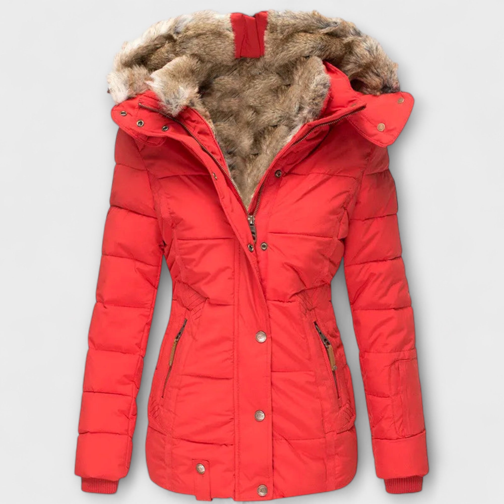 Tiana - Schwarze elegante Damenjacke mit Fellkapuze