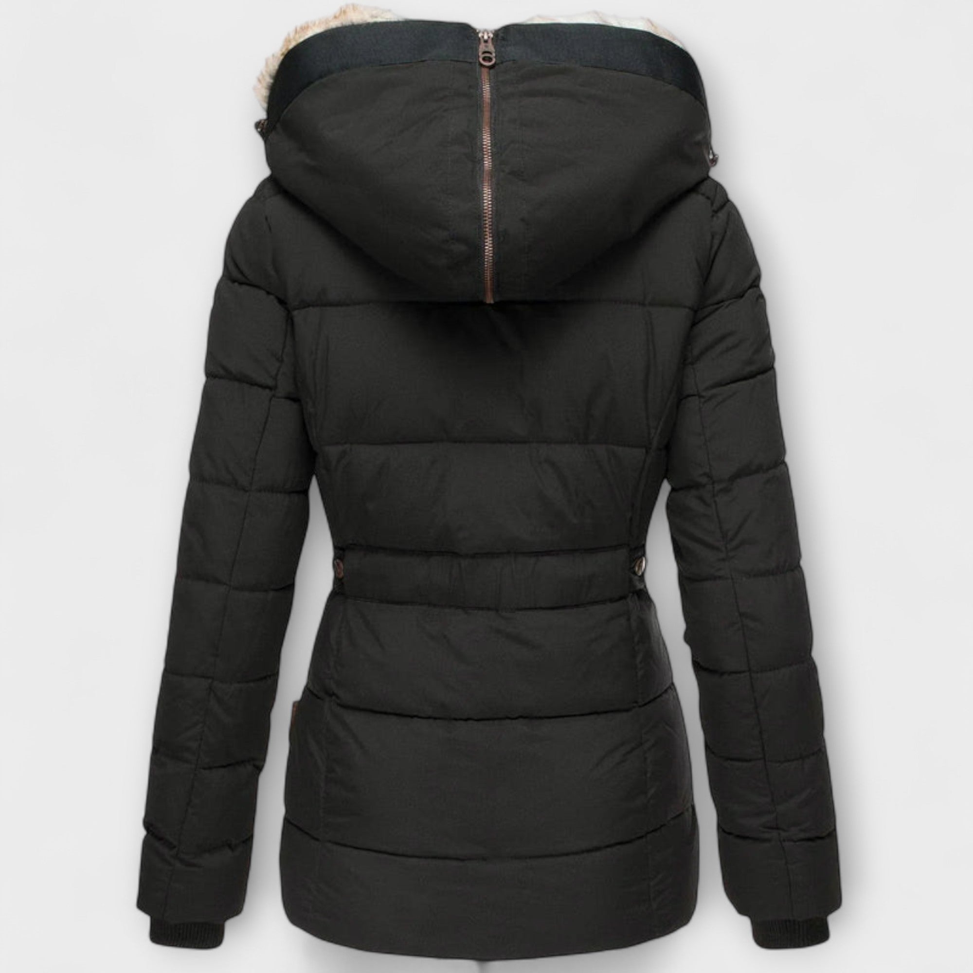 Tiana - Schwarze elegante Damenjacke mit Fellkapuze