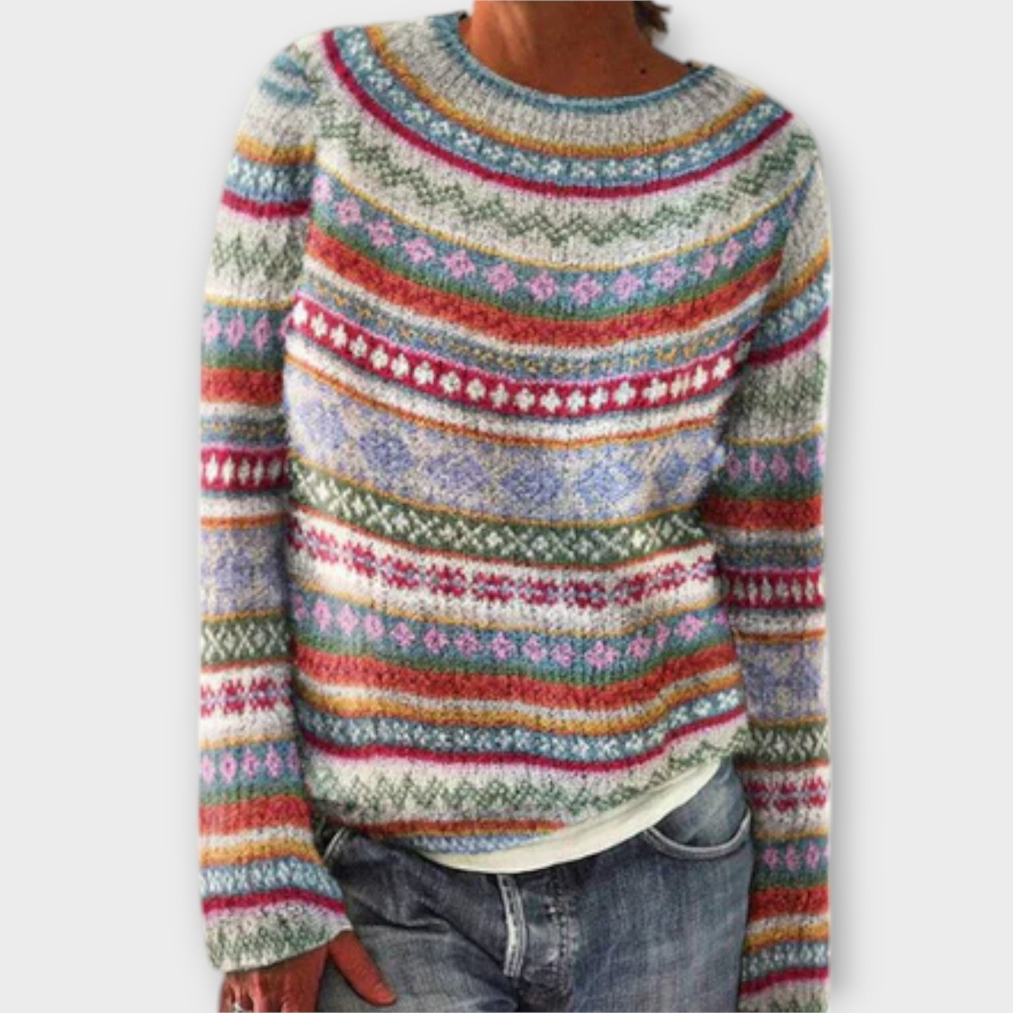 Suzu - Grauer Vintage-Pullover mit buntem Norweger-Muster