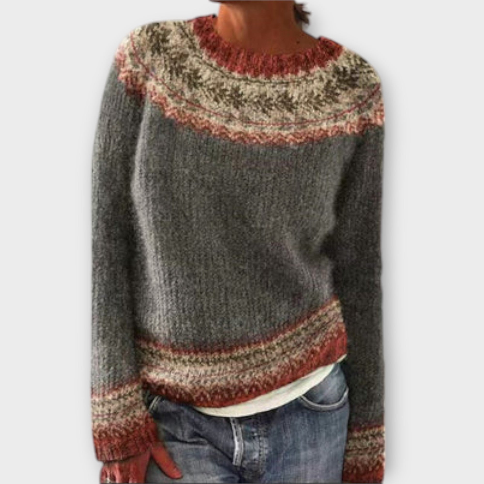 Suzu - Grauer Vintage-Pullover mit buntem Norweger-Muster