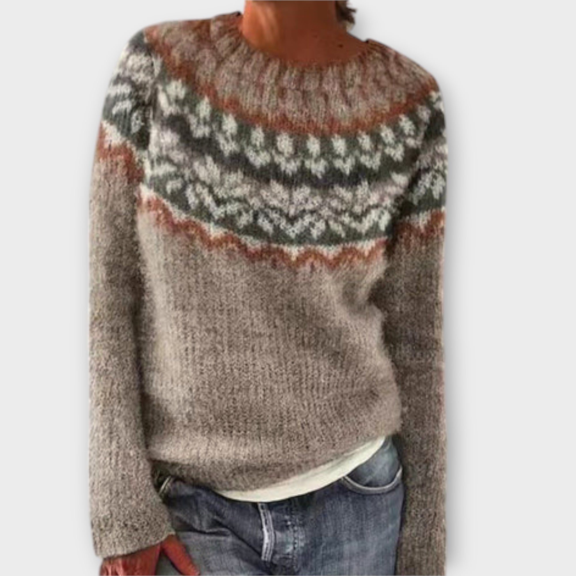 Suzu - Grauer Vintage-Pullover mit buntem Norweger-Muster