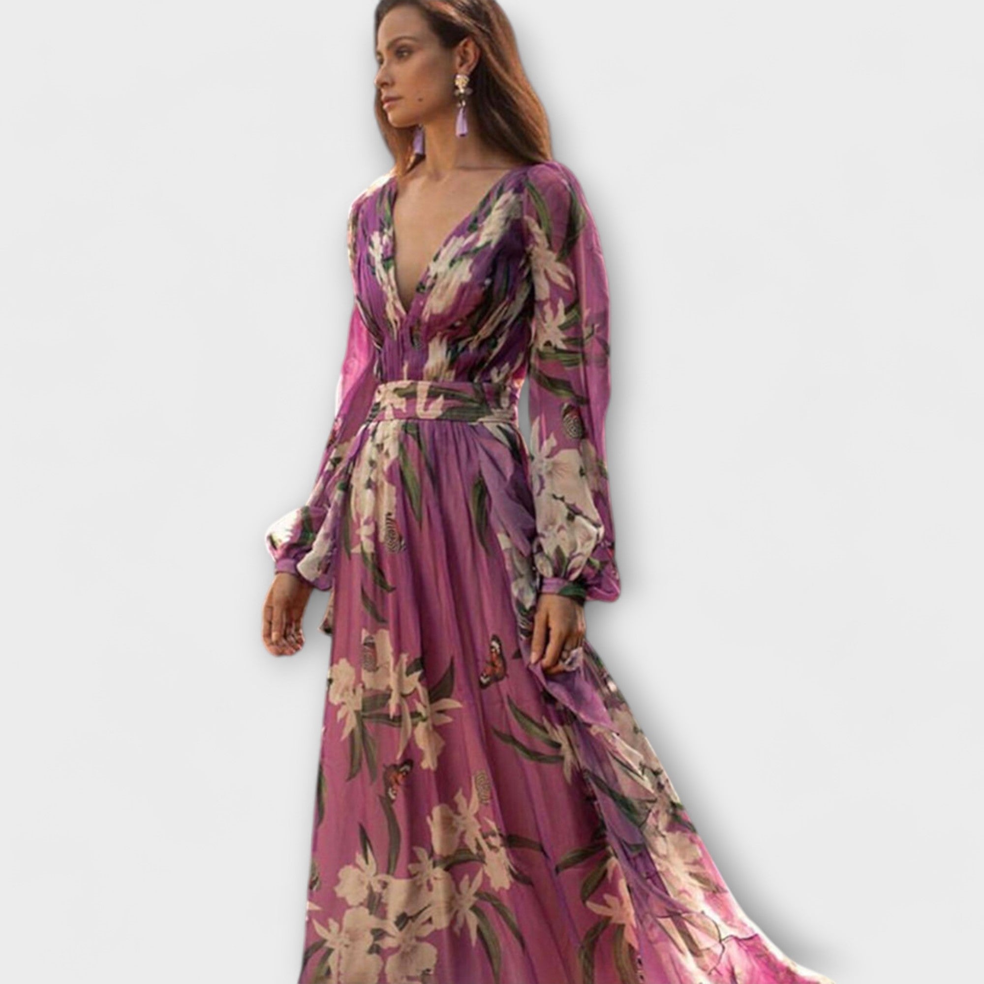 Hochwertiges lila Maxikleid mit Blütenmuster