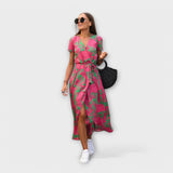 Eshel - Pink-grünes bequemes Kleid mit Blütenmuster