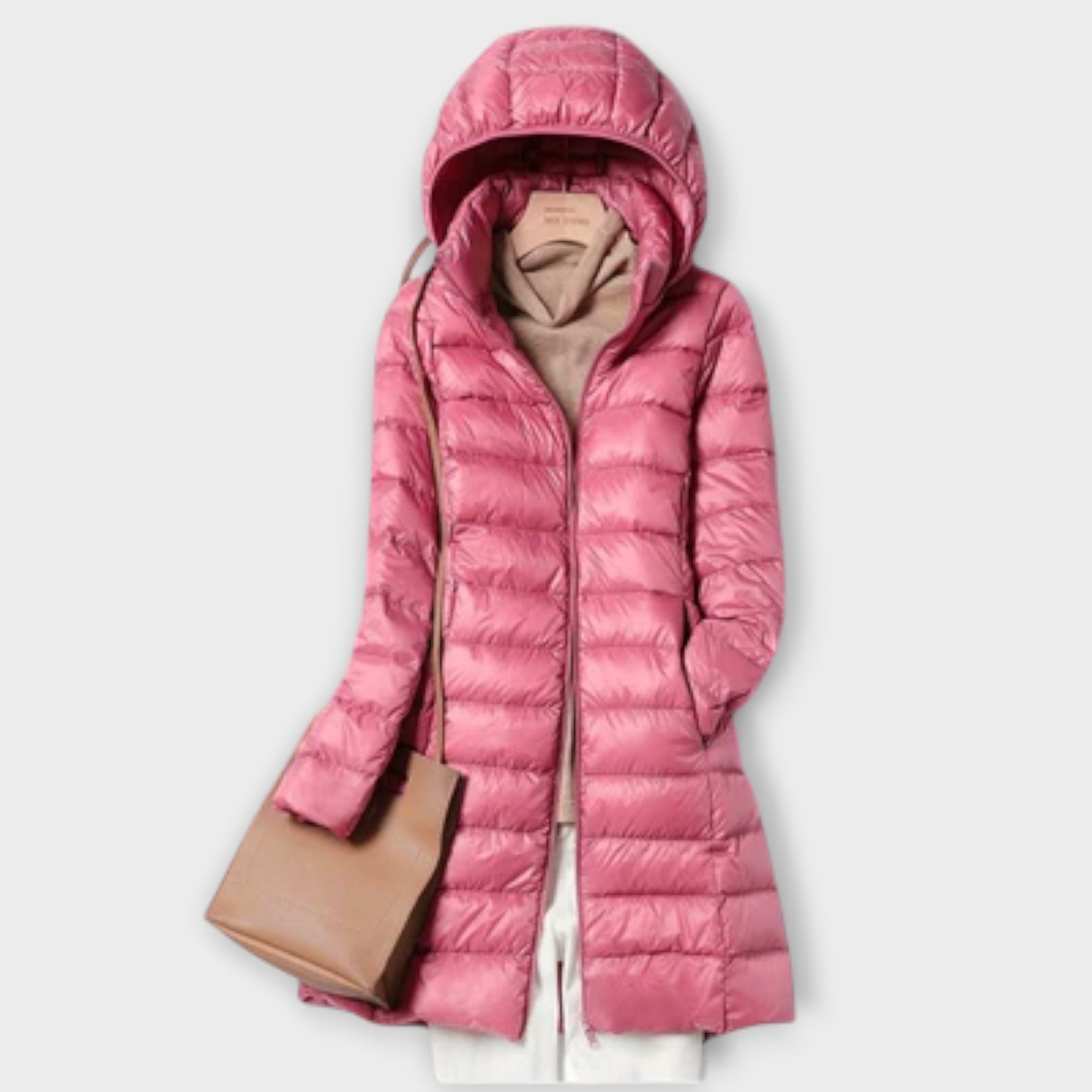 Annika - Beige ultraleichte Daunenjacke mit Kapuze