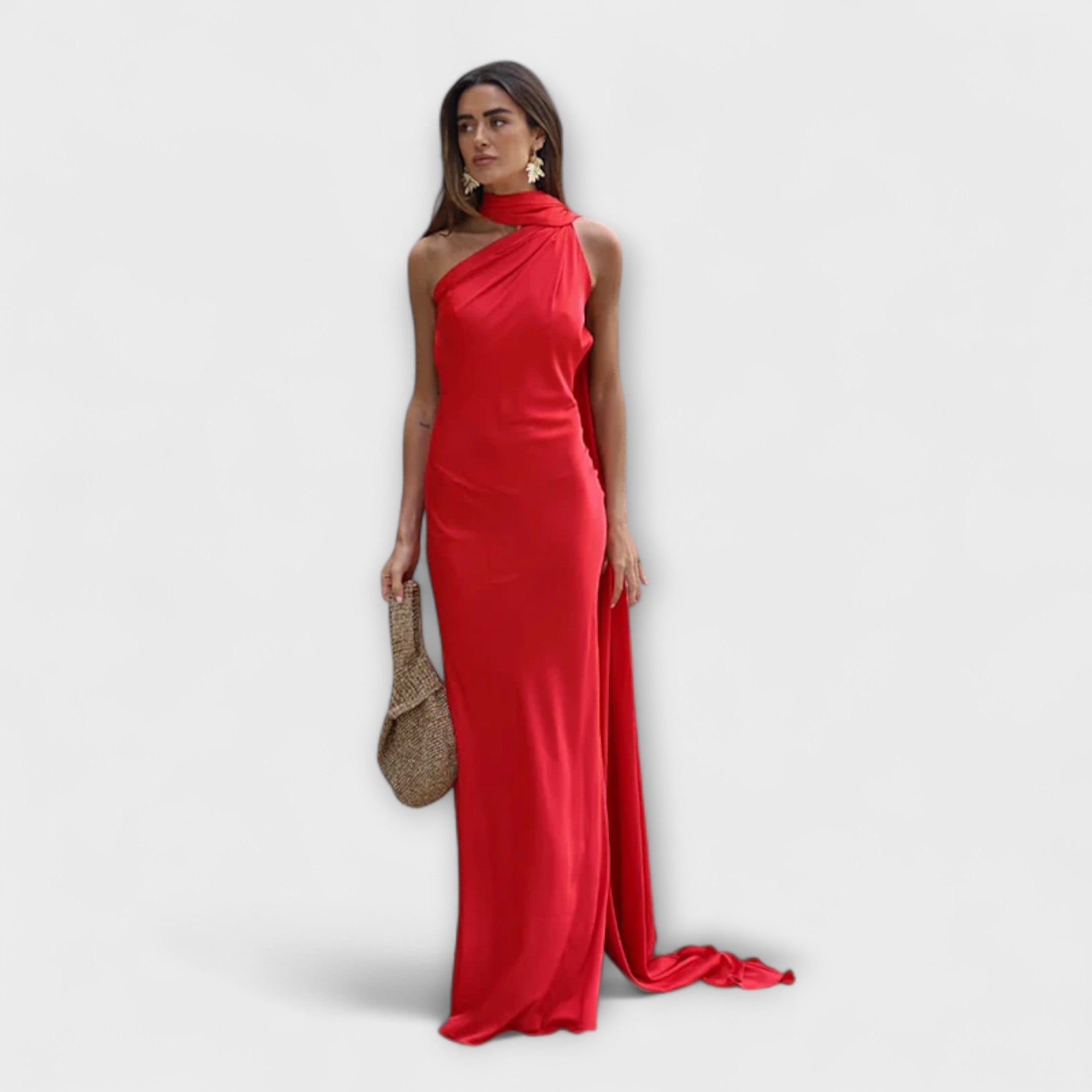 Schickes orangefarbenes Off-Shoulder-Halter-Maxikleid
