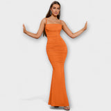 Callie - Beiges elegantes Rüschenkleid