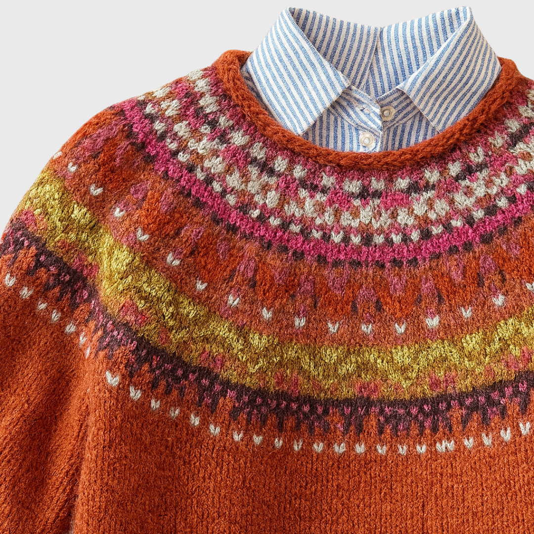 Simone | Rostroter Vintage-Pullover mit Norweger-Muster