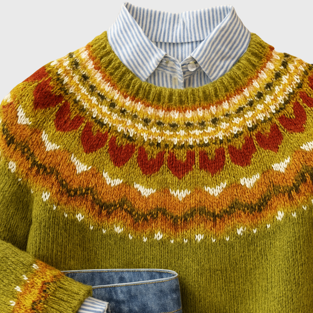 Ardena | Olivgrüner Vintage-Pullover mit Norweger-Muster