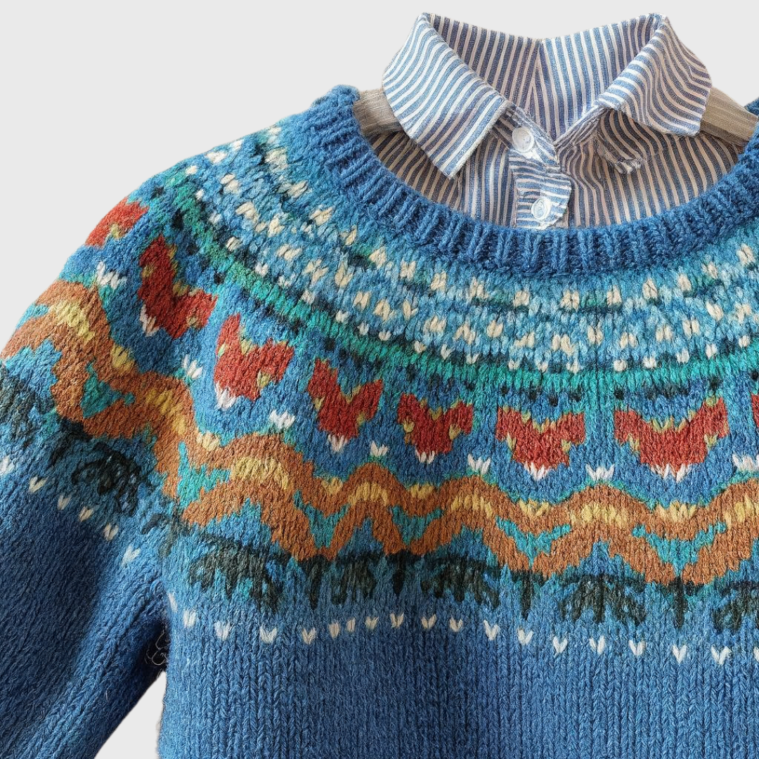 Velve | Blauer Vintage-Pullover mit Norweger-Muster