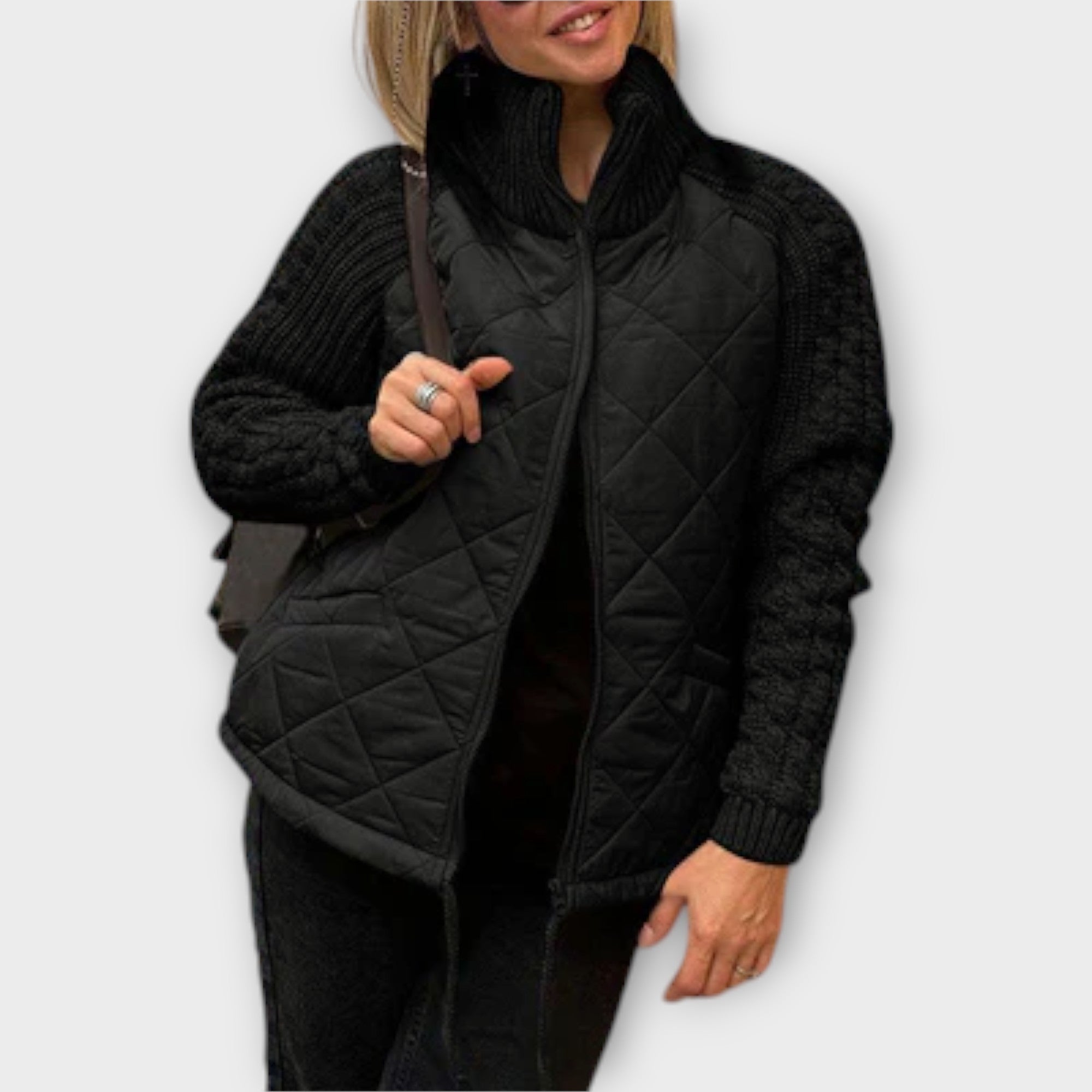 Valerie - Beige Hochkragenjacke mit Stepp- und Strickmix