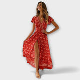 Briony - Rotes Boho-Midikleid mit Blütenmuster