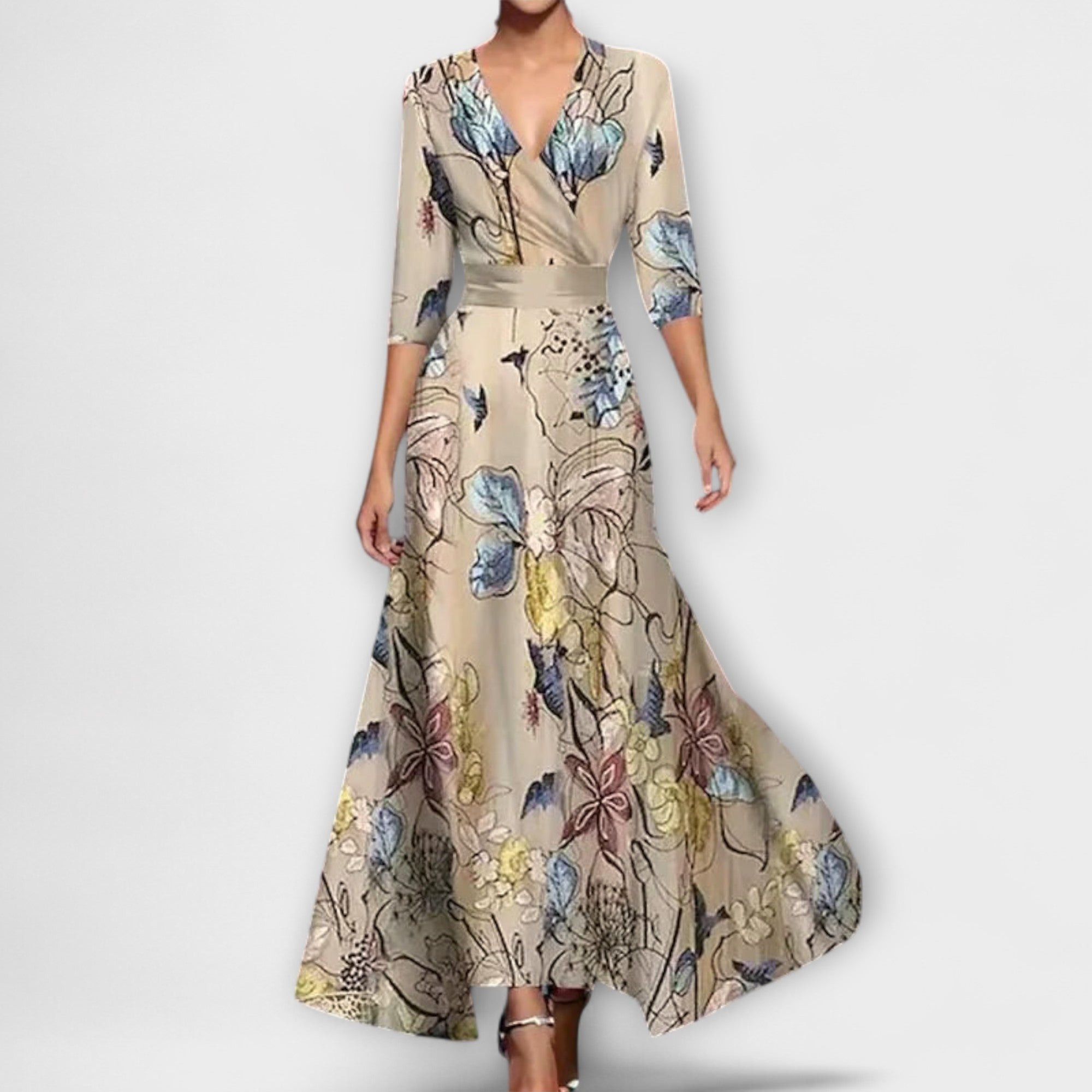 Alma - Weiss-blaues Kleid mit Blütenmuster