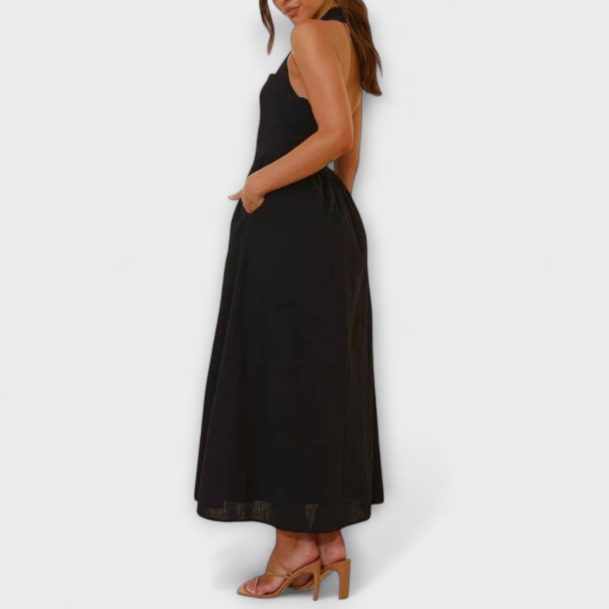 Lydia - Schwarzes Mid-Length-Halterkleid mit Taillendetail