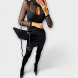 Stevie - Schwarzes Mini-Kleid mit Netz-Glitzer-Ausschnitt