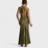 Lennon - Olivgrünes elegantes Satin-Maxikleid