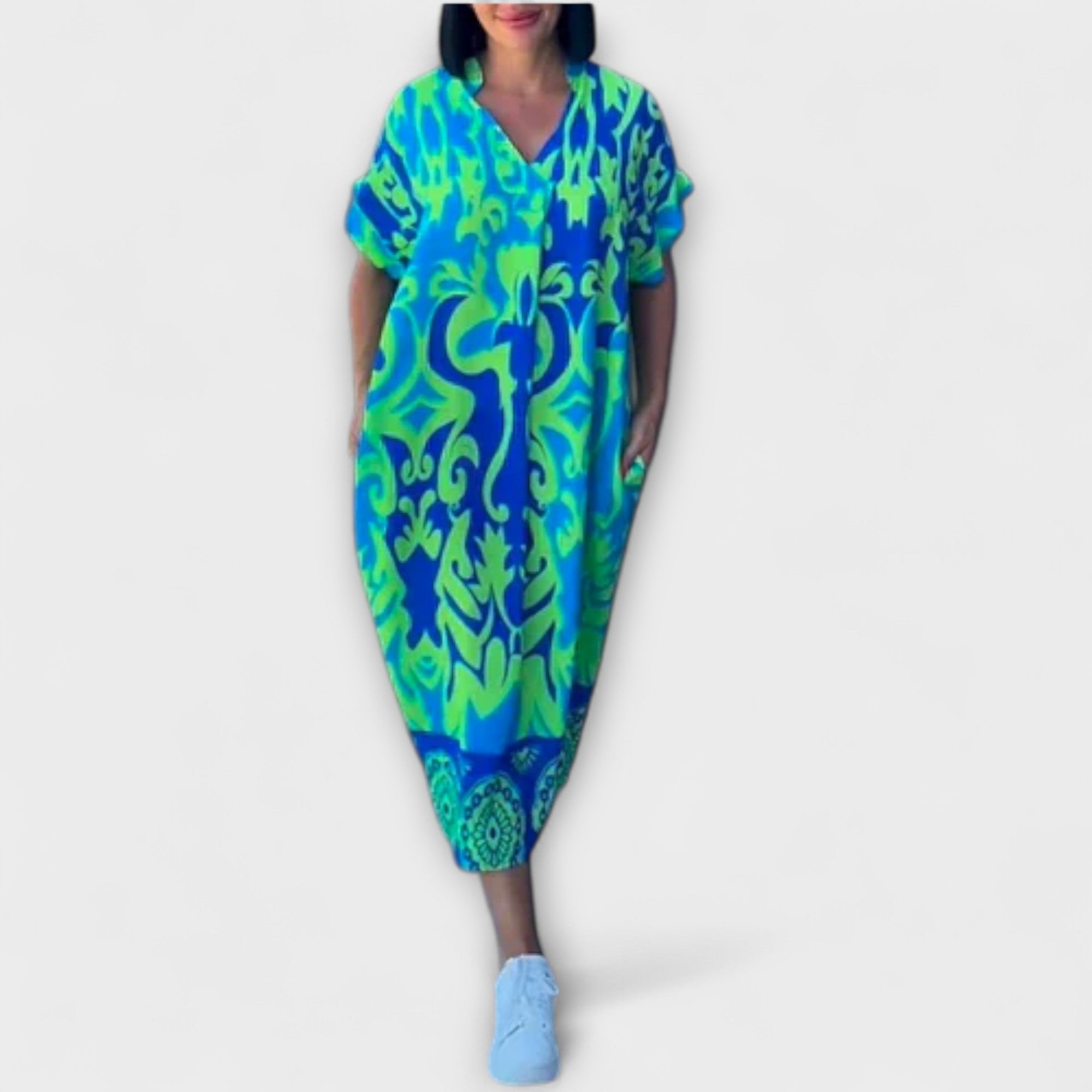 Elena - Blau-grünes elegantes Blumenkleid