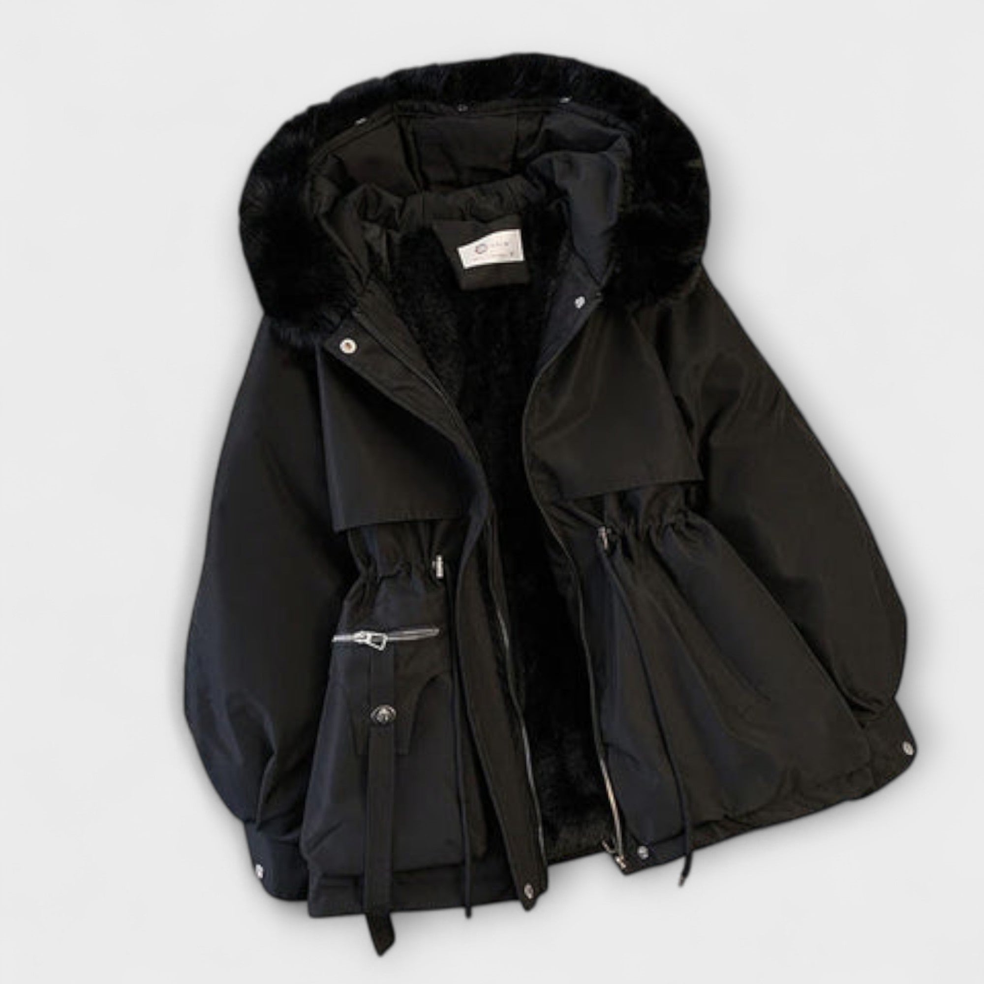 Bela - Beige elegante Winterjacke mit Pelzkragen